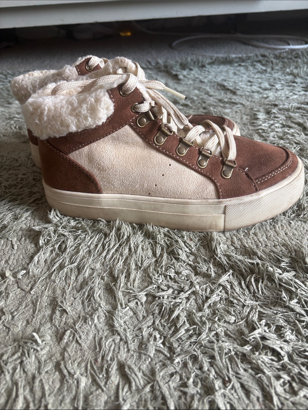 American Eagle Outfitters Brown and Cream Shearling-Trim High-Top Sneakers